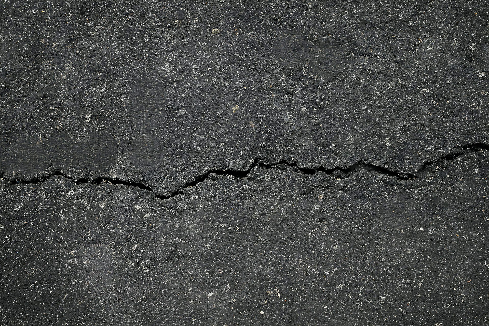 A crack in the asphalt of a street